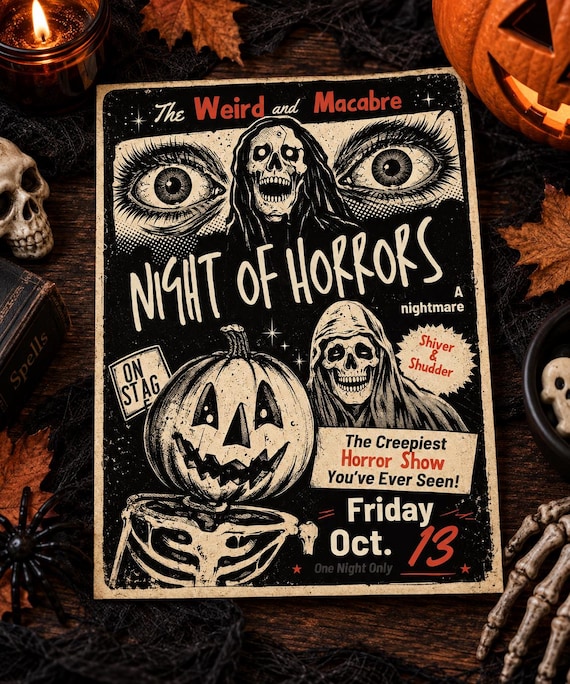Vintage Horror Halloween Invitation, Retro Scary Party Invite, Canva Template