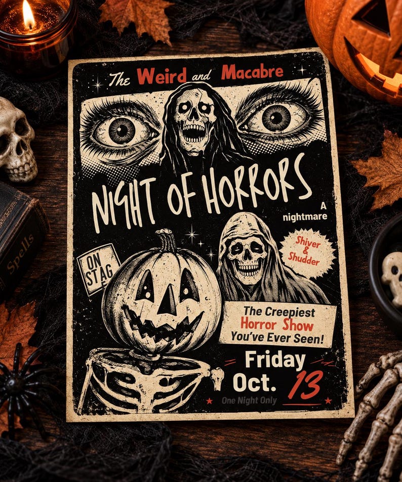 May include: A rectangular poster titled Night of Horrors featuring a black and white illustration of a skeleton with a pumpkin head, a hooded skull, and large eyes. The text reads The Weird and Macabre, A nightmare, On Stag, Shiver & Shudder, The Creepiest Horror Show You've Ever Seen!, Friday Oct. 13, and One Night Only.