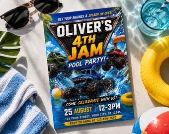 Monster Truck Pool Party Einladung, Monster Jam Splash Geburtstag, bearbeitbare Canva Vorlage,