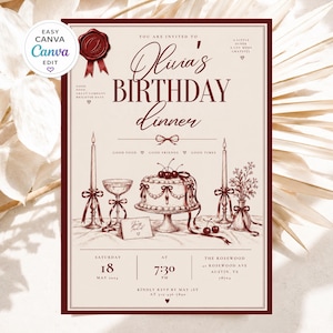 May include: A cream-colored birthday dinner invitation featuring dark red ink illustrations of a cake, candles, and a wine glass. Text includes 'Olivia's BIRTHDAY dinner', 'SATURDAY 18 MAY 2024', '7:30 PM', and 'THE ROSEWOOD 42 ROSEWOOD AVE AUSTIN, TX 78704'.
