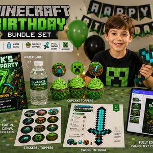 May include: A Minecraft-themed birthday party bundle set with invitations, water bottle labels, cupcake toppers, and a pixel sword craft. The set includes a digital tablet, a smartphone, and stickers. A young person is holding a pixel sword.
