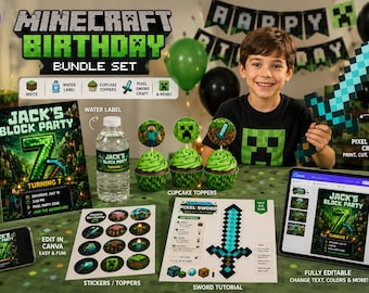 Pixel Block Geburtstagsparty Bundle, bearbeitbare Canva Einladung, DIY Gamer Party Dekor, Sofort Download