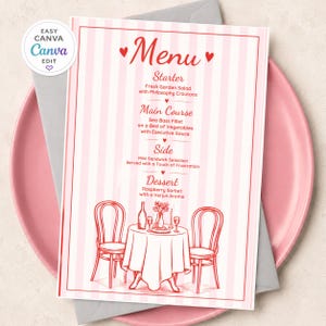 Peut inclure: Une carte de menu rectangulaire avec un fond à rayures verticales rose clair et blanc. Le texte indique Menu, Starter, Fresh Garden Salad with Philosophy Croutons, Main Course, Sea Bass Fillet on a Bed of Vegetables with Executive Sauce, Side, Mini Sandwich Selection Served with a Touch of Frustration, Dessert, Raspberry Sorbet with a Verjus Aroma. En dessous, un dessin au trait rouge représente une table dressée pour deux avec des chaises.