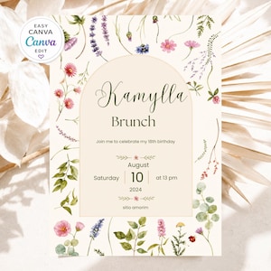 May include: A rectangular invitation card featuring a central beige arch with the text Kamylla Brunch, Join me to celebrate my 18th birthday, Saturday August 10 2024 at 13 pm, and sitio amorim. The border is decorated with watercolour wildflowers and greenery.