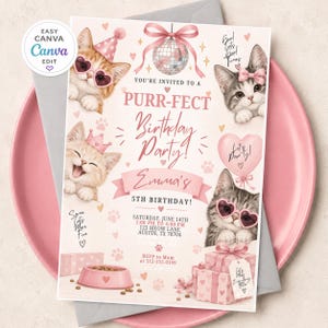Może przedstawiać: Zaproszenie na przyjęcie urodzinowe z czterema kotkami, kulą dyskotekową i różowymi prezentami. Tekst zawiera: YOU'RE INVITED TO A PURR-FECT Birthday Party! Emma's 5TH BIRTHDAY! SATURDAY, JUNE 14TH 1:00 PM TO 4:00 PM 123 MEOW LANE AUSTIN, TX 78704.