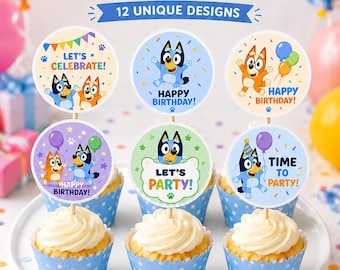 Blauwe hondencupcaketoppers | Bewerkbare decoraties voor verjaardagsfeestjes
