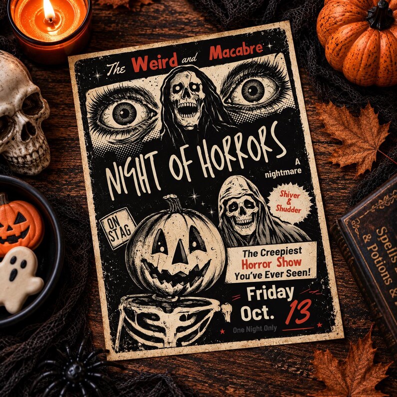 May include: A rectangular poster with a black background featuring the text Night of Horrors, The Weird and Macabre, and Friday Oct. 13. The graphic includes illustrations of a skull, a hooded figure, and a skeleton with a jack-o'-lantern head.
