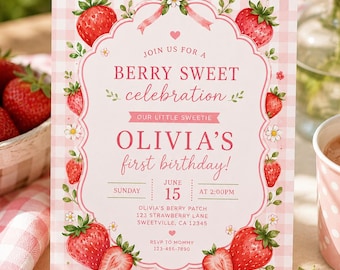Berry Erster Geburtstagseinladung, 1st Geburtstag Canva Vorlage, Sofort Download