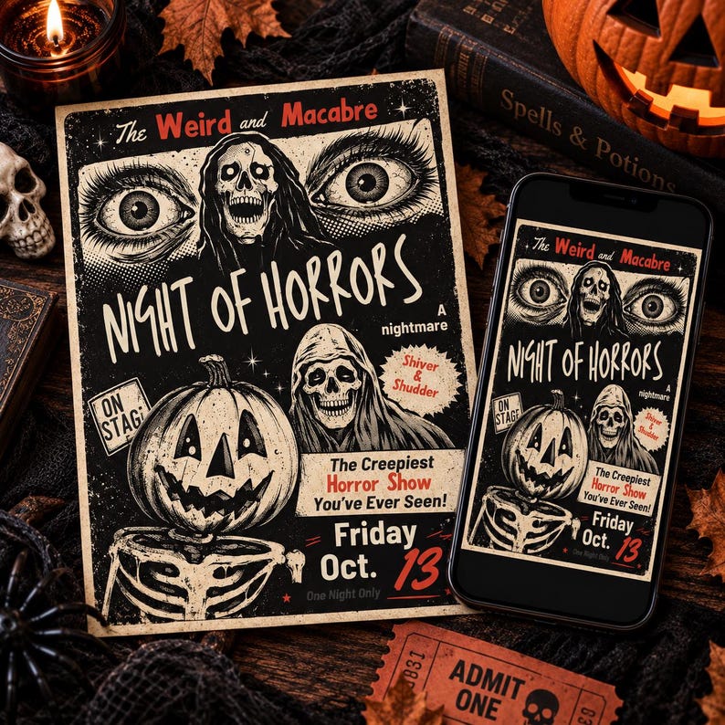 May include: A rectangular poster and a smartphone displaying a black and cream graphic print titled Night of Horrors. The design features a skull, large eyes, a jack-o'-lantern, and a skeleton with text reading Friday Oct. 13 and The Weird and Macabre.