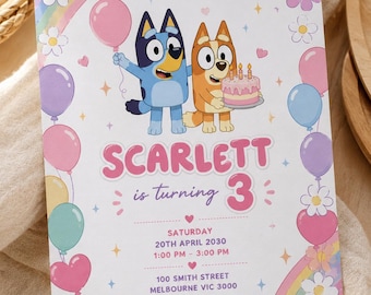 Bluey verjaardagsuitnodiging, bewerkbare canvassjabloon, blauwe hond verjaardagsfeestje uitnodigen, digitale download