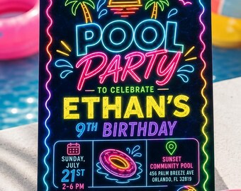 Invitación de cumpleaños con temática de fiesta en la piscina con luces de neón, plantilla editable de Canva, invitación para fiesta de verano en la piscina.