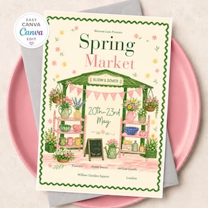 Puede incluir: Un folleto rectangular titulado Spring Market con el texto Blossom Lane Presents, Bloom & Bower, 20th-23rd May, Flowers, Home Decor, Artisan Goods, Willow Garden Square, London. La ilustración muestra un puesto de mercado verde con banderines rosas.