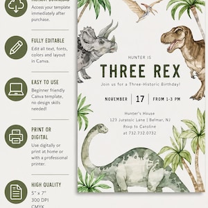 K&ouml;nnte beinhalten: Eine digitale Geburtstagseinladungsvorlage mit Aquarellillustrationen eines Triceratops, eines T-Rex, eines Flugsauriers und eines Langhalsdinosauriers zwischen Palmen. Der Text lautet: Hunter is THREE REX, Join us for a Three-Historic Birthday!, November 17, 1-3 PM, Hunter's House, 123 Jurassic Lane, Belmar, NJ, Rsvp to Caroline at 732.732.0732.