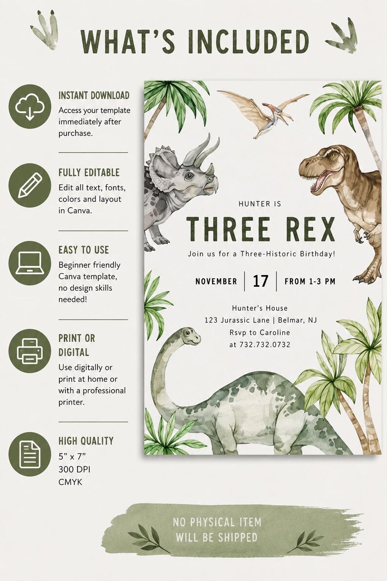 K&ouml;nnte beinhalten: Eine digitale Geburtstagseinladungsvorlage mit Aquarellillustrationen eines Triceratops, eines T-Rex, eines Flugsauriers und eines Langhalsdinosauriers zwischen Palmen. Der Text lautet: Hunter is THREE REX, Join us for a Three-Historic Birthday!, November 17, 1-3 PM, Hunter's House, 123 Jurassic Lane, Belmar, NJ, Rsvp to Caroline at 732.732.0732.