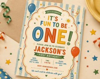 Its Fun To Be One eerste verjaardagsuitnodiging, bewerkbare sjabloon (directe download)