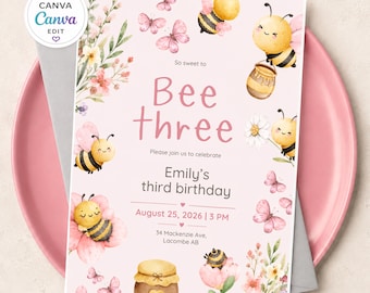 Bee Three Birthday Invitation, Sweet as Can Bee Party Invite, Editable Canva Template