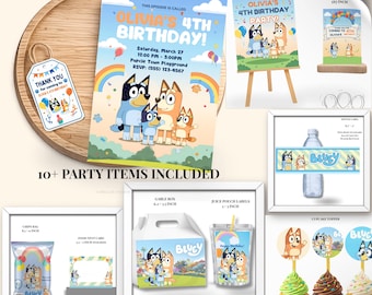 Bluey-verjaardagsfeestbundel, bewerkbare canva-sjablonen (digitale download)