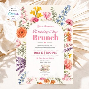 May include: A rectangular birthday brunch invitation card featuring a white arched centre with pink text reading You're Invited to a Birthday Day Brunch, June 13, 3:00 PM, The Garden House, 245 Blossom Lane, Austin, Texas 78703, and a floral teacup.