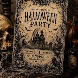 May include: A rectangular Halloween party invitation card featuring a haunted mansion, a full moon, bats, pumpkins, a skull, and a raven. The text reads: JOIN US IF YOU DARE... HALLOWEEN PARTY, TUESDAY 31 OCTOBER, 8:30PM, 123 ANYWHERE ST., ANY CITY.