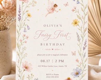 May include: A rectangular invitation card featuring a watercolour floral border with pink, yellow, and blue flowers, butterflies, and a small fairy. The text reads: OLIVIA'S Fairy First BIRTHDAY, please join us for a magical celebration, 08.17 | 2 PM, 425 Willow Garden Lane, Austin, TX, RSVP to Emma (512) 555-8301.