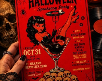Könnte beinhalten: Ein roter Halloween-Party-Flyer mit einer Teufelsfigur in einem Martiniglas, Totenköpfen und Text, darunter 'You're Invited to a Halloween Speakeasy Party', 'Friday Oct 31 2014', 'Nakano Heavysick Zero' und eine Liste der auftretenden Musiker.