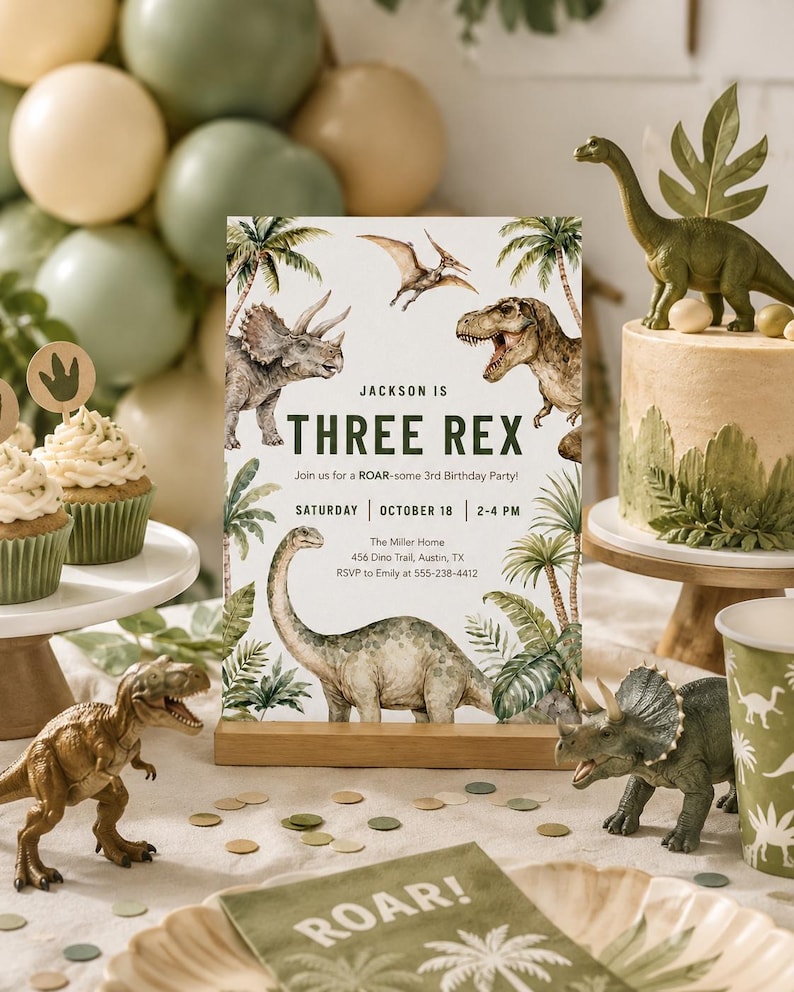 K&ouml;nnte beinhalten: Eine rechteckige Geburtstagseinladungskarte mit Aquarellillustrationen von Dinosauriern, Palmen und Bl&auml;ttern. Der Text lautet: Jackson is THREE REX, Join us for a ROAR-some 3rd Birthday Party, Saturday, October 18, 2-4 PM, The Miller Home, 456 Dino Trail, Austin, TX, RSVP to Emily at 555-238-4412.