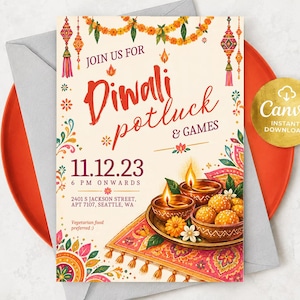 May include: A Diwali potluck and games invitation card featuring orange marigold garlands, hanging lanterns, and lit clay diyas on a patterned rug. The text reads Join us for Diwali potluck & games, 11.12.23, 6 PM onwards, 2401 S Jackson Street, Apt 7107, Seattle, WA.