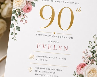 Floral Birthday Invitation Template | 70th 80th 90th Birthday Celebration, Editable Canva Invite