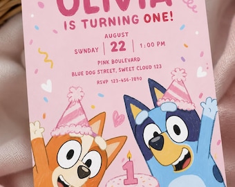 Bluey & Bingo-verjaardagsuitnodiging, bewerkbare canvassjabloon