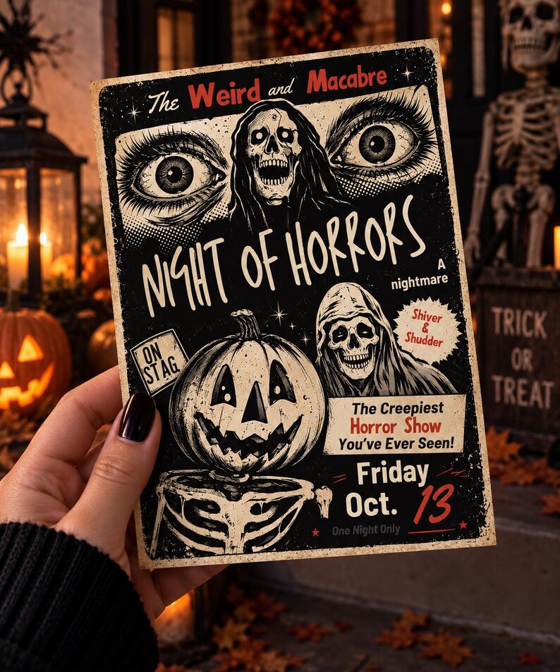 May include: A rectangular poster featuring black and white illustrations of skulls, eyes, and a pumpkin-headed skeleton. The text reads The Weird and Macabre, Night of Horrors, A nightmare, On Stag, Shiver & Shudder, The Creepiest Horror Show You've Ever Seen!, Friday Oct. 13, and One Night Only.