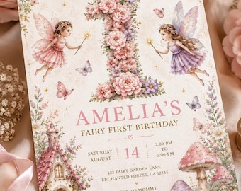 Fairy First Birthday Invitation, Enchanted Garden Welcome Sign, Canva Editable Template (Digital Download)