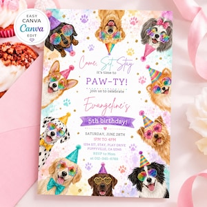 Pode incluir: Um convite de aniversário com ilustrações em aquarela de vários cães usando chapéus de festa e óculos coloridos. O texto diz: Come, Sit, Stay it's time to PAW-TY! join us to celebrate Evangeline's 5th birthday! SATURDAY, JUNE 28TH 1PM TO 4PM 1234 SIT, STAY, PLAY DRIVE PUPPYVILLE, CA 12345 RSVP to Mom at 012-345-6789.
