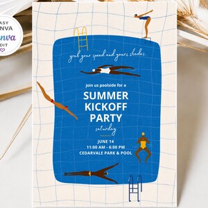 Peut inclure: Une carte d'invitation rectangulaire illustrant une piscine bleue avec des nageurs, une échelle et le texte suivant : grab your speed and yours shades. join us poolside for a SUMMER KICKOFF PARTY saturday JUNE 14 11:00 AM - 6:00 PM CEDARVALE PARK & POOL.
