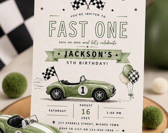 Invitación de cumpleaños de Green Fast One / Invitación de coche de carreras, plantilla editable de Canva, descarga digital
