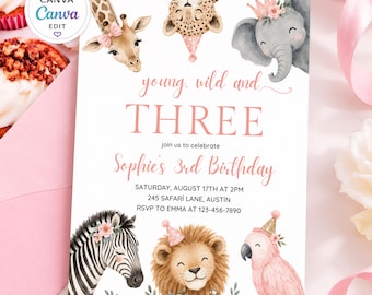 Op de afbeelding: Een verjaardagsuitnodigingskaart met aquarelillustraties van een giraf, luipaard, olifant, zebra, leeuw en papegaai. De tekst luidt: young, wild and THREE, join us to celebrate, Sophie's 3rd Birthday, Saturday, August 17th at 2pm, 245 Safari Lane, Austin, RSVP to Emma at 123-456-7890.