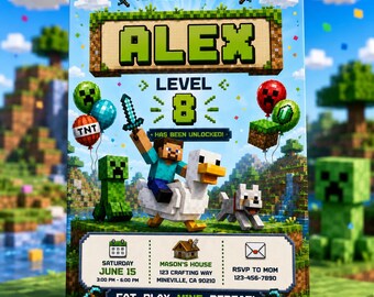 Pixel Block-feestuitnodiging, bewerkbare canva-sjabloon, uitnodigen, verjaardagsuitnodiging videogame, direct downloaden