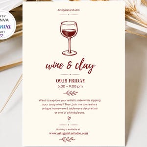 May include: A cream-coloured event flyer featuring a dark red wine glass illustration at the top. The text reads Artegalata Studio, wine & clay, 09.19 FRIDAY, 6:00 - 9:00 pm, and includes event details with the website www.artegalatastudio.com at the bottom.