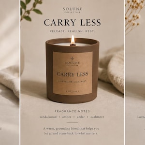Puede incluir: Tres velas perfumadas en recipientes negros, marrones y blancos. Cada vela tiene una etiqueta con texto, incluyendo "PAUSE", "CARRY LESS" y "RESTORE". Las velas son parte de la colección SOLUNE.
