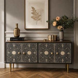 handcrafted black floral bone inlay sideboard cabinet