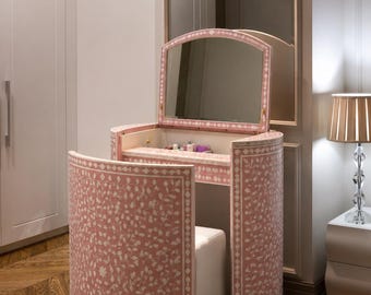luxury pink floral bone inlay vanity dressing table