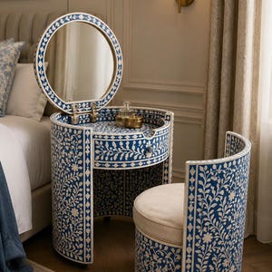 blue floral bone inlay vanity set with mirror and stool