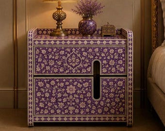 handcrafted purple mother of pearl floral inlay bedside table 2drawers