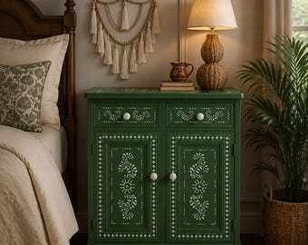 handcrafted green bedside cabinet with floral folk art design