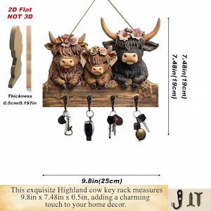 May include: A 2D flat Highland cow key rack featuring three cows with floral crowns on a wooden base with four metal hooks. It measures 9.8 inches wide, 7.48 inches high, and 0.197 inches thick. The text 2D Flat NOT 3D is visible.