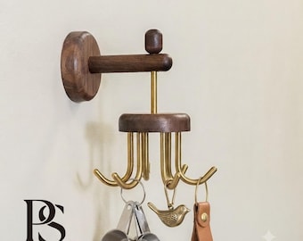 Solid Walnut Wood Rotating Hook Rack | Brass Kitchen Organizer, Utensils, Mugs, Keys