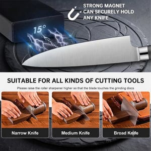 May include: A knife sharpener set featuring a magnetic base with a 15-degree angle indicator and a wooden roller sharpener. The display shows three usage examples for narrow, medium, and broad knives with the text: Strong magnet can securely hold any knife.