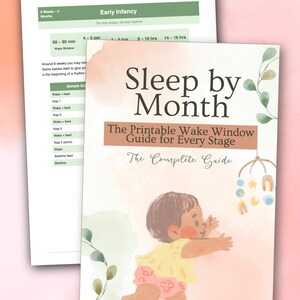 Może przedstawiać: Drukowany przewodnik zatytułowany "Sleep by Month" z akwarelową ilustracją dziecka. Przewodnik zawiera informacje o oknach czuwania i harmonogramach snu dla niemowląt. Okładka zawiera tekst "The Printable Wake Window Guide for Every Stage".