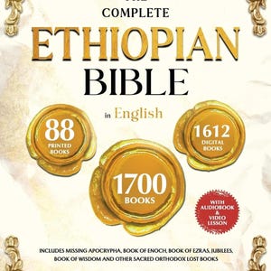 Op de afbeelding: De Complete Ethiopische Bijbel in het Engels, geïllustreerd. Bevat 88 gedrukte boeken, 1612 digitale boeken en in totaal 1700 boeken. Inclusief audioboek en videolessen. Uitgegeven door Solomon's Gate Press.