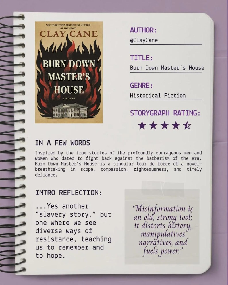 Puede incluir: Portada del libro "Burn Down Master's House" de Clay Cane, una novela de ficci&oacute;n hist&oacute;rica. La portada presenta una ilustraci&oacute;n de una casa en llamas con el t&iacute;tulo en letras grandes y en negrita. El libro tiene una calificaci&oacute;n de cinco estrellas.