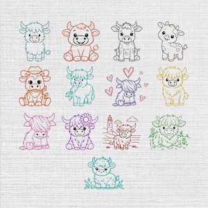 May include: A collection of thirteen individual line art illustrations featuring cartoon cows in various poses and styles, including one with a cowboy hat, one with a carrot, one with hearts, one with a sunflower, and one standing near a lighthouse.